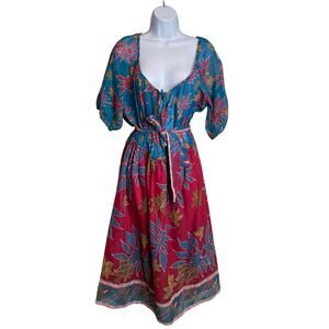 Vintage Albert Capraro Blue Floral Peasant Maxi Dress Size 12 Dark Tropical Boho